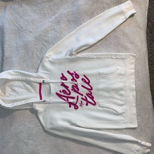 White aeropostale sweatshirt with pink sequin lettering